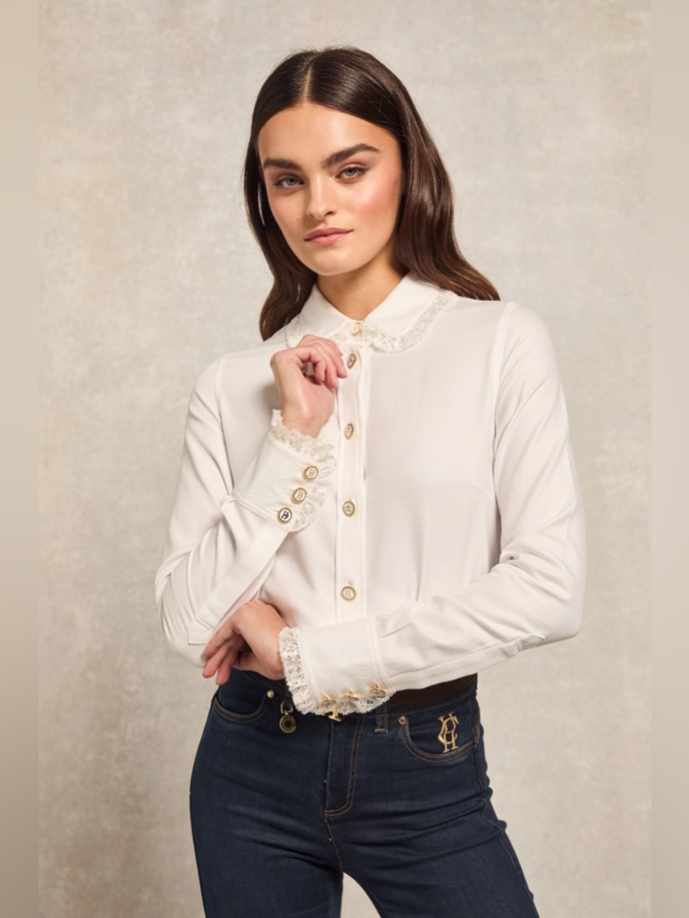 Holland Cooper Rose Shirt White Blouse Lace Collar Size 10 Classic Feminine